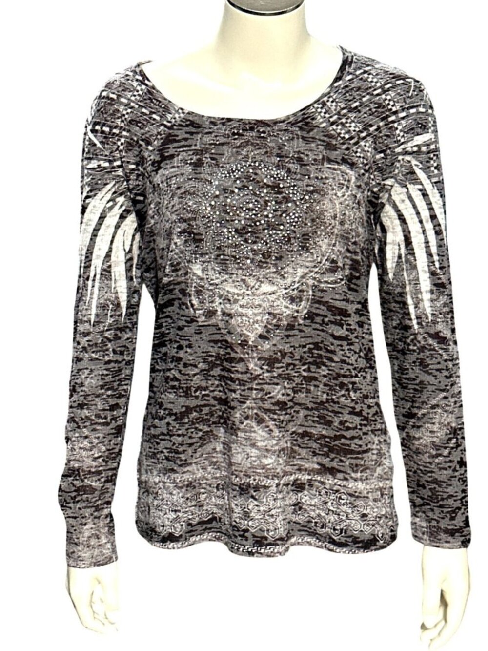 Style and Company Black Gray Long Sleeve Shirt with Studded Graphic Print Size M